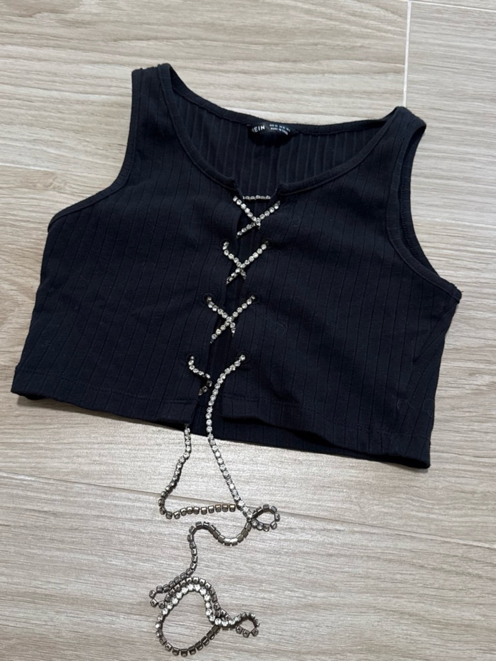 Shein Black Ribbed Cropped Tank with Rhinestone Lace-Up Detail